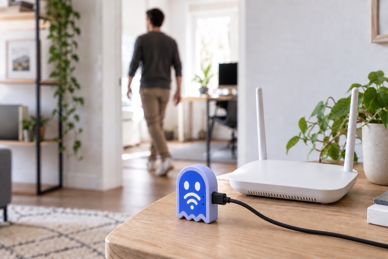 Illustration générée par IA : un petit appareil USB en forme de logo ESPectre à côté d’un routeur Wi-Fi, avec une personne en mouvement à l’arrière-plan