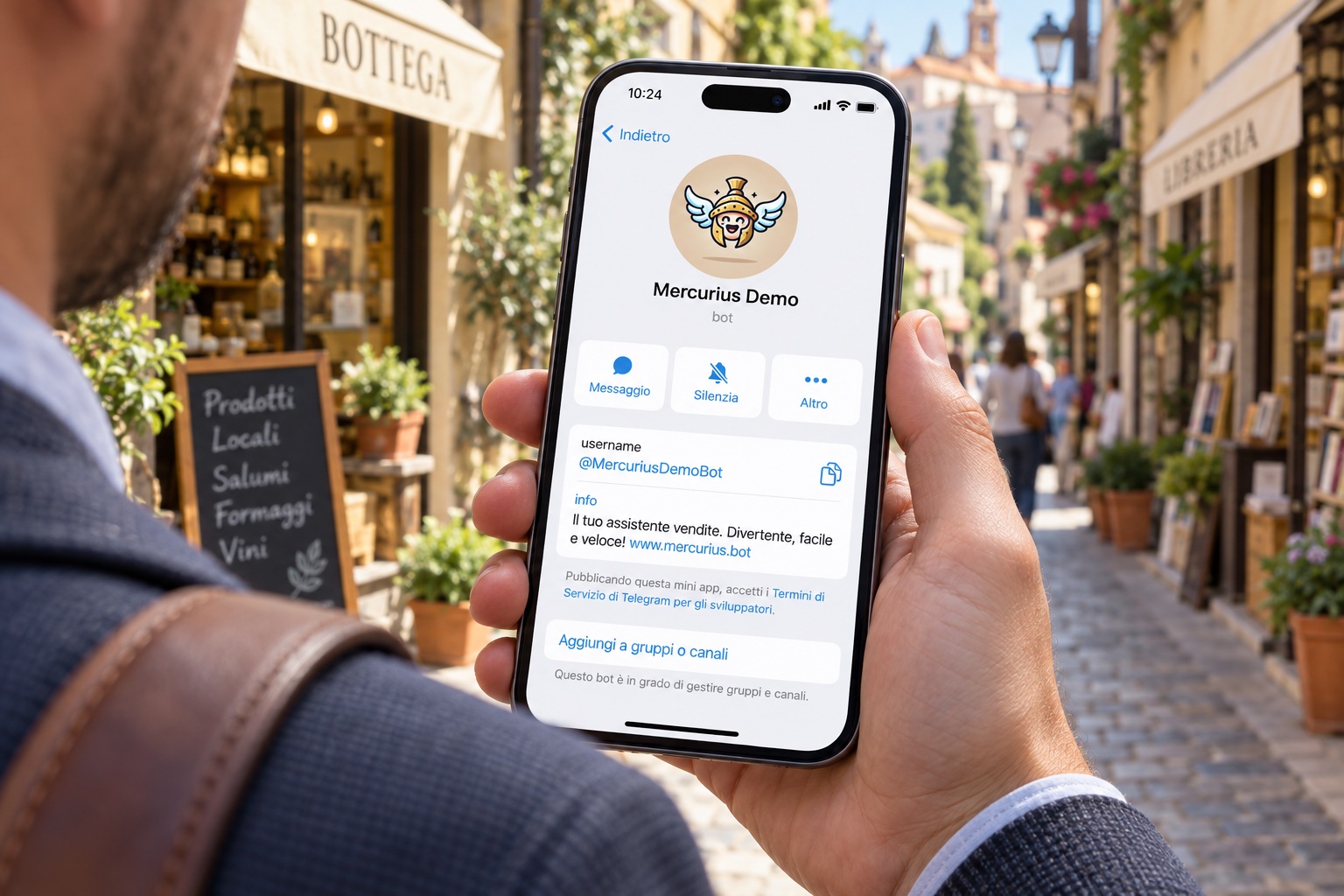 Scena illustrativa generata: un agente di commercio in strada consulta il profilo Telegram del bot Mercurius sul telefono