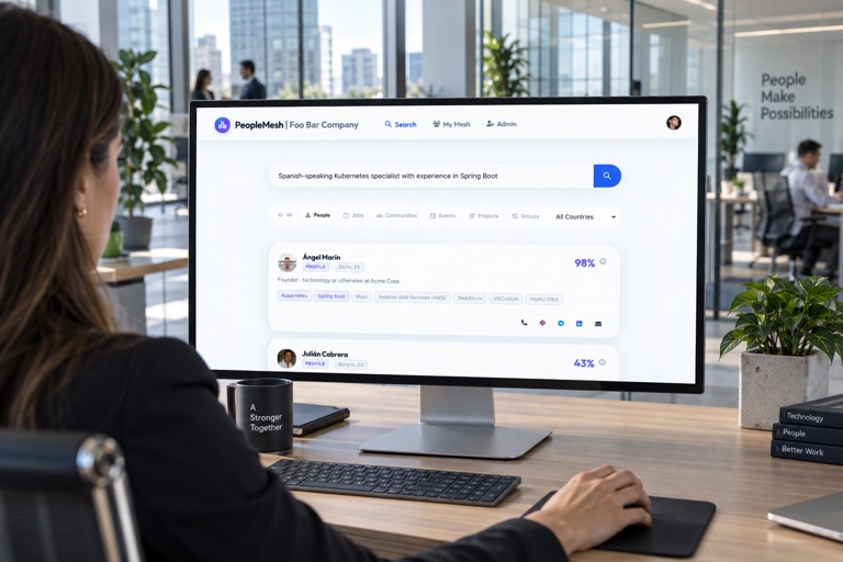 Illustration générée par IA : une professionnelle recherche des compétences avec PeopleMesh dans les bureaux d’une grande entreprise
